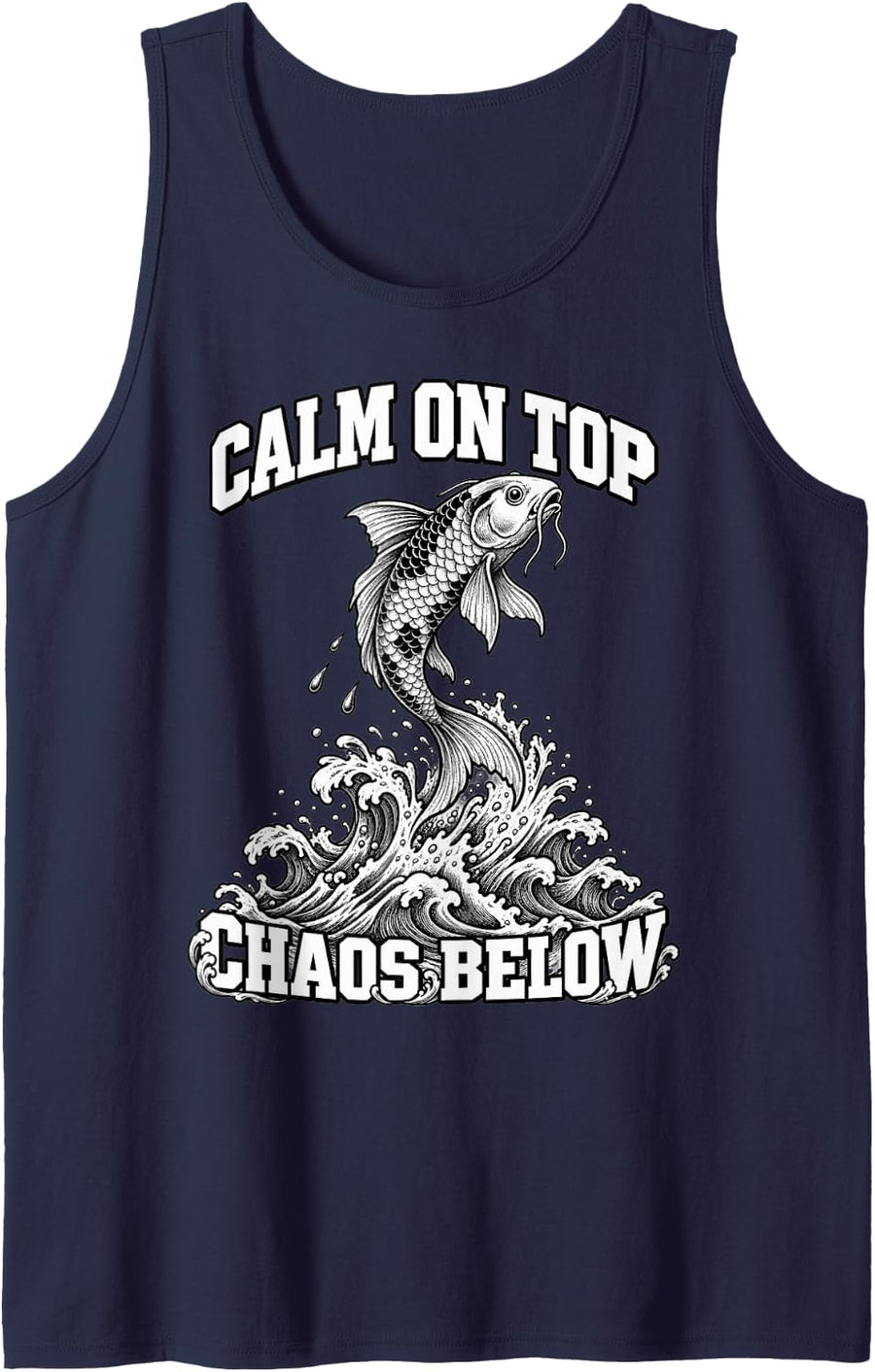 Koi Calm On Top Chaos Below Fans Wave Fish Japanese Sleeveless Tank Top - Navy Blue