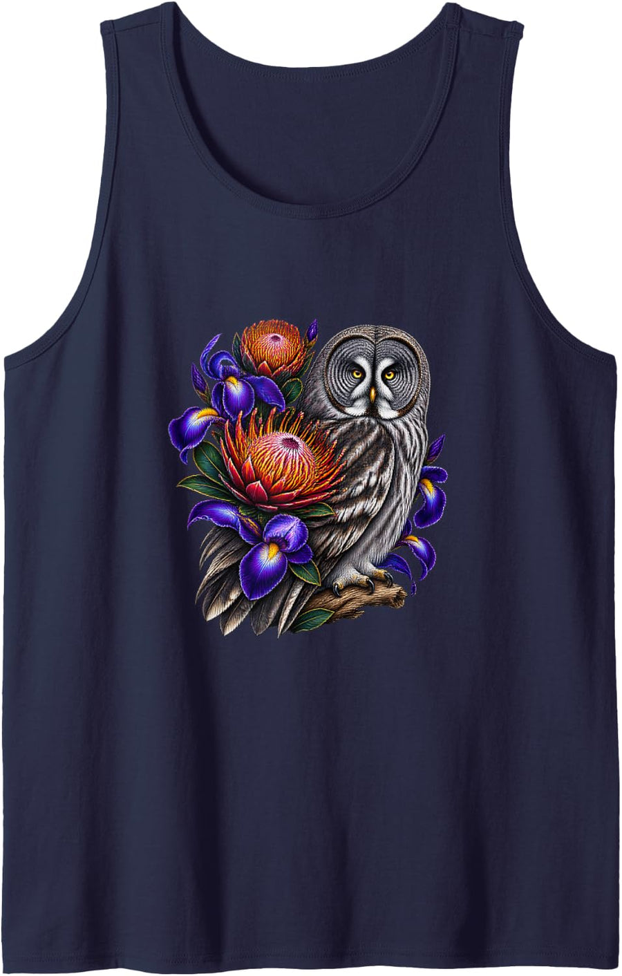 Great Gray Owl with Pincushion Protea and Purple Irises Sleeveless Tank Top - Navy Blue