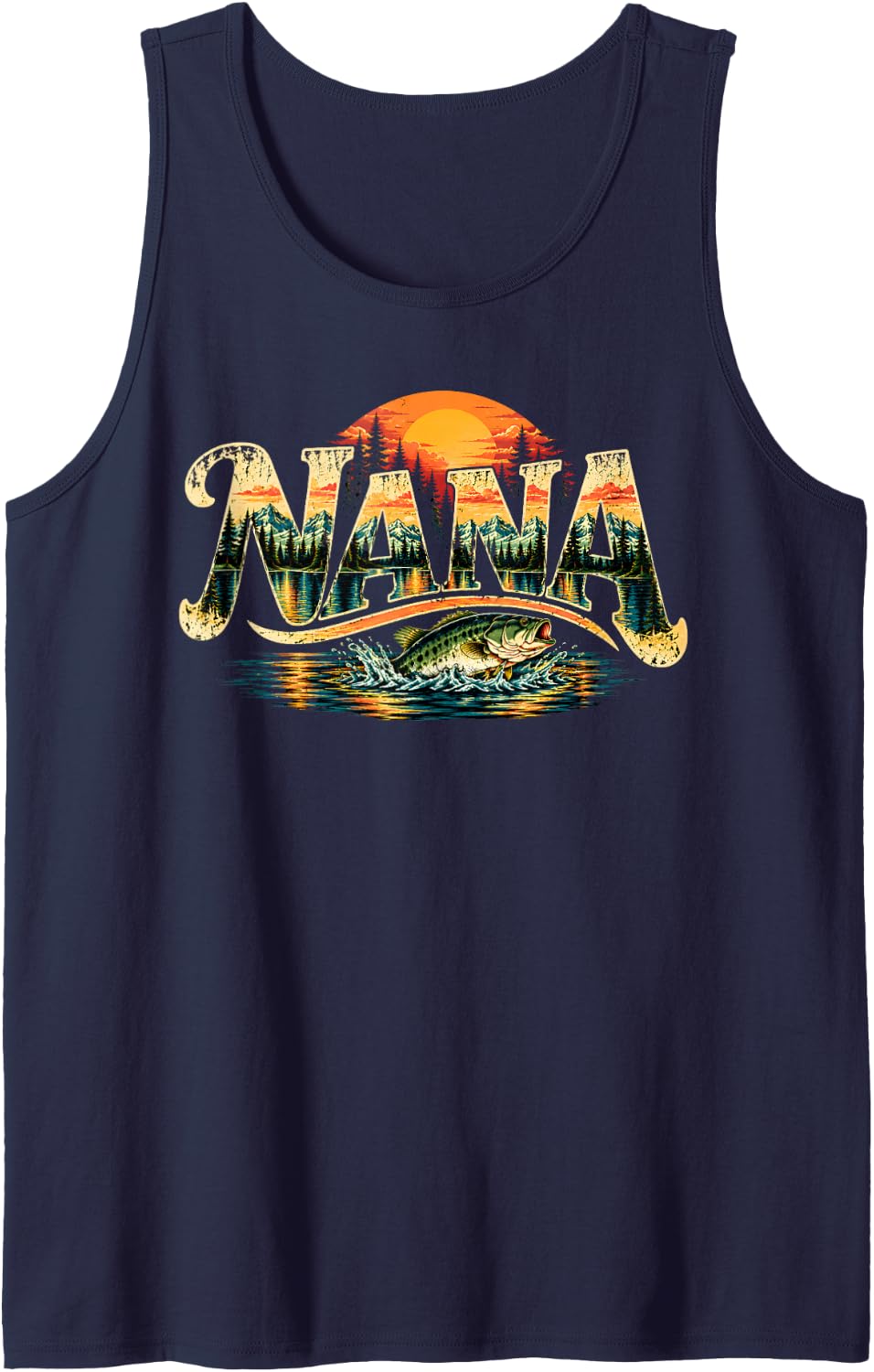 Nana Fishing Vintage Bass Mountain Lake Sunset Sleeveless Tank Top - Navy Blue