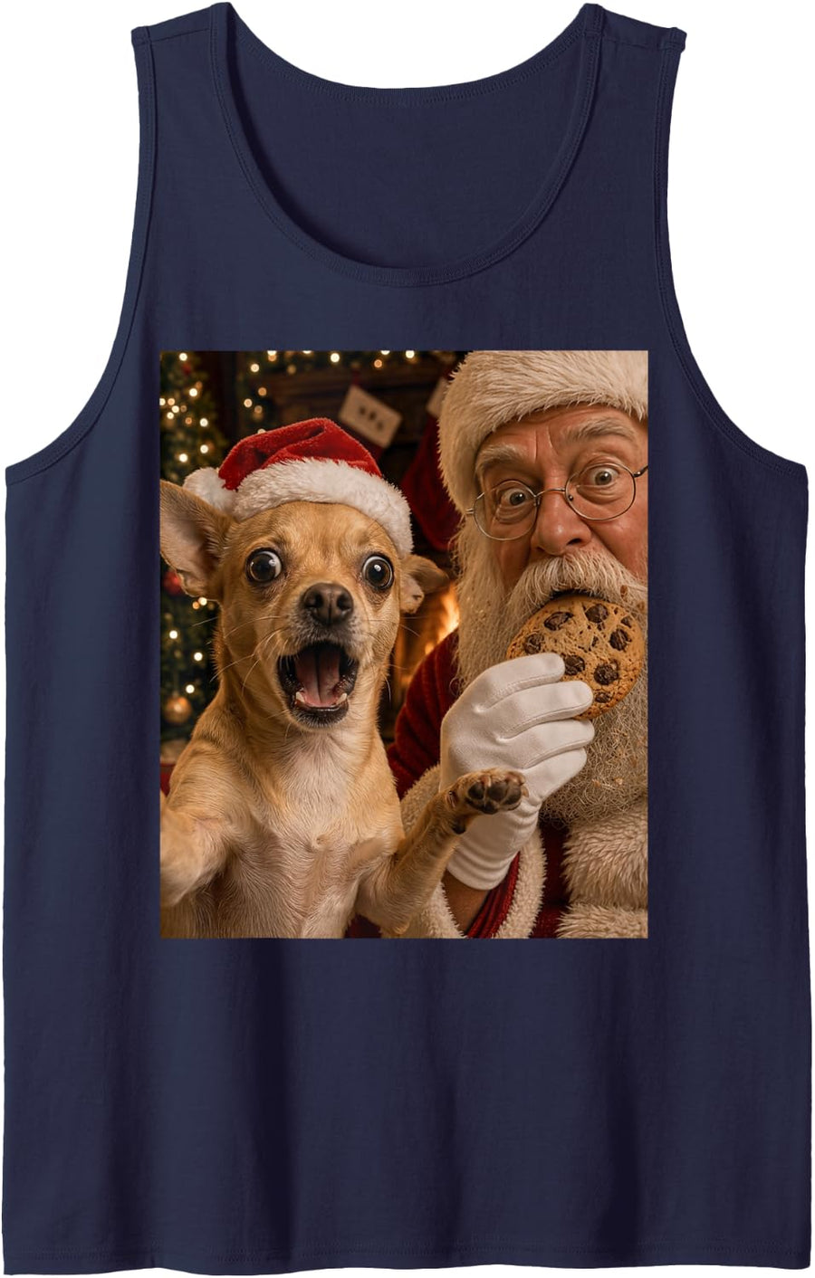 Chihuahua Selfie Santa Cookie Ugly Christmas Funny Dog Sleeveless Tank Top - Navy Blue