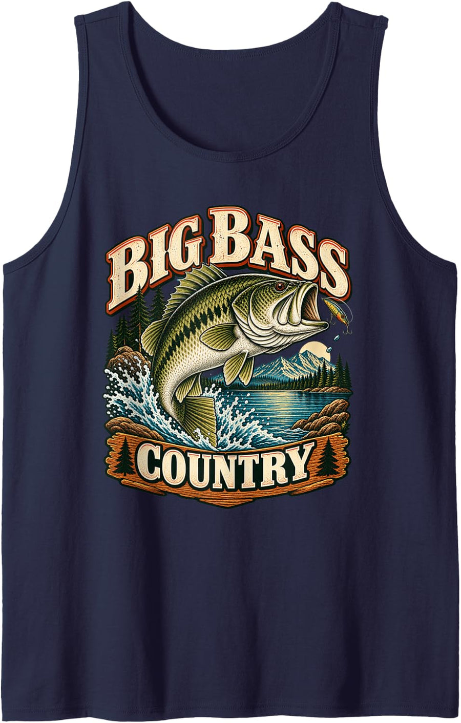 Big Bass Country Vintage Fishing Heritage Sleeveless Tank Top - Navy Blue