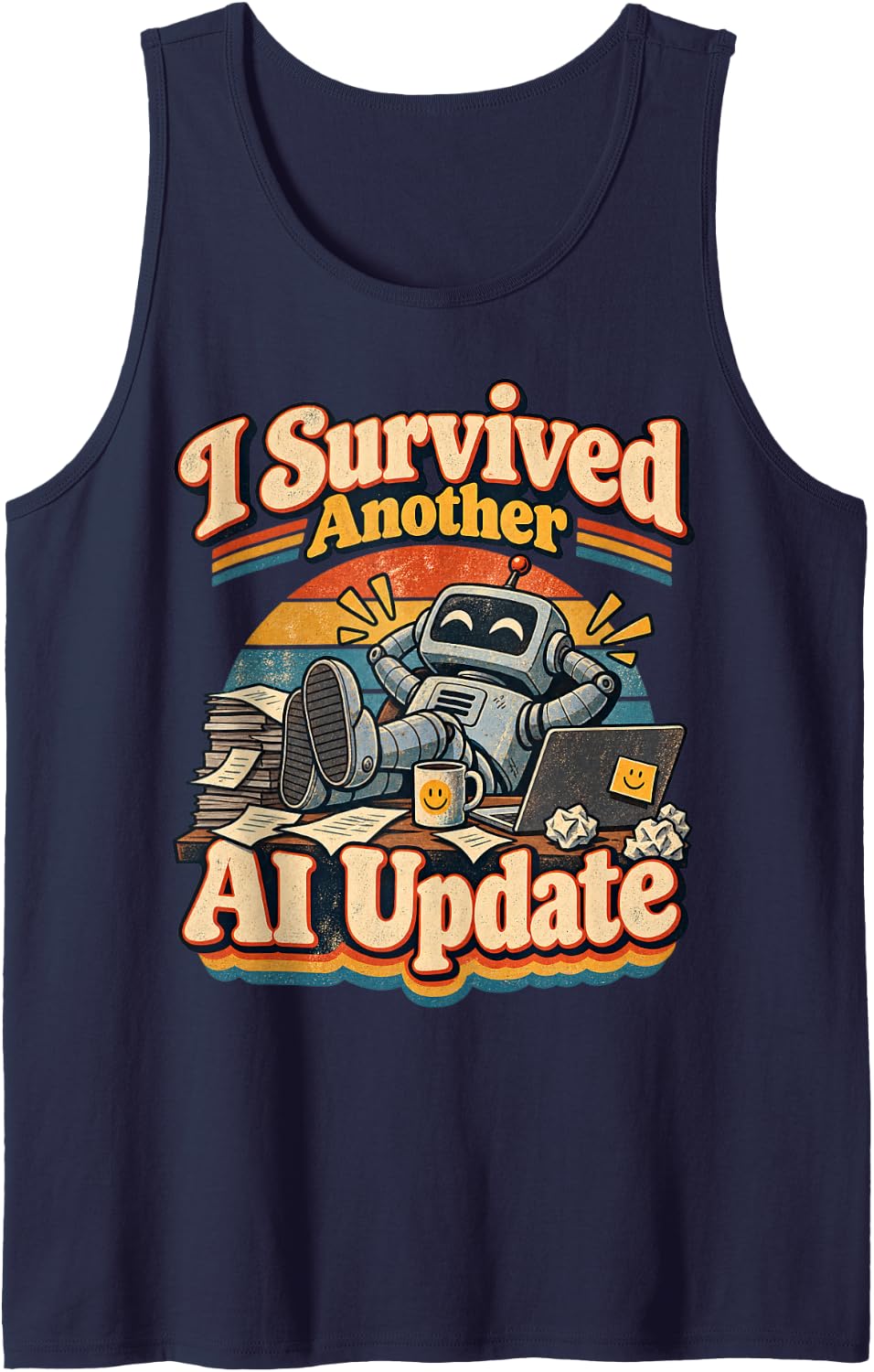 I Survived Another AI Update Vintage Robot Sleeveless Tank Top - Navy Blue