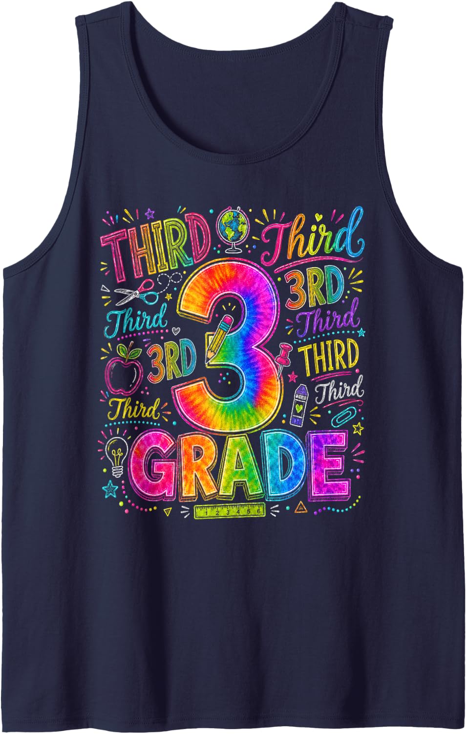 Back to School Third 3rd Grade Colorful School Tie Dye Tank Top - Navy Blue