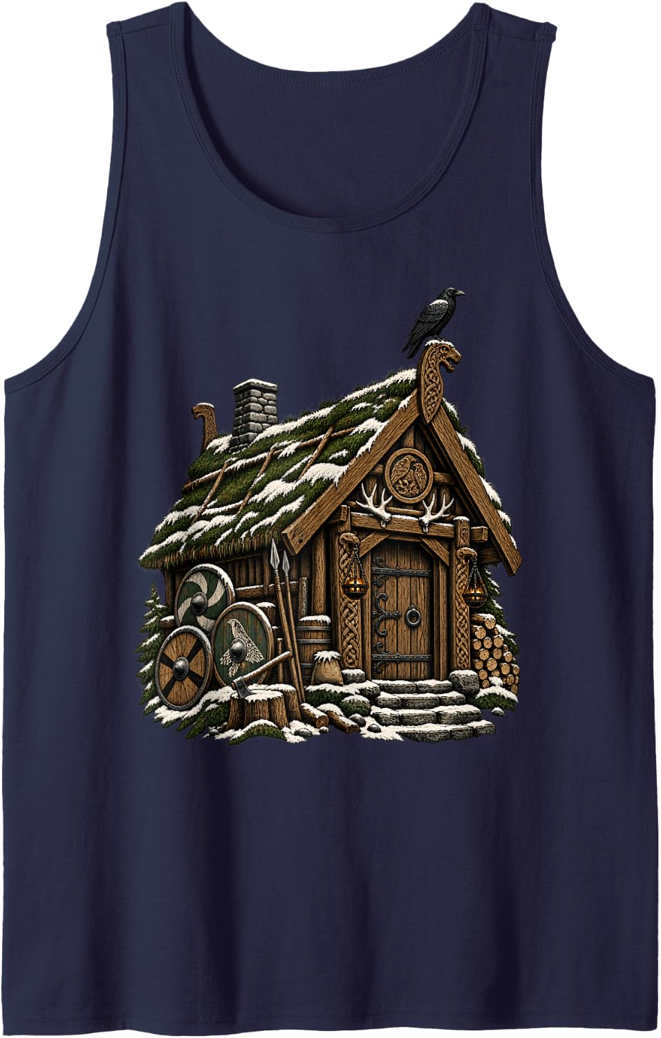 Snowy Viking Longhouse Raven Shield Nordic Art Sleeveless Tank Top - Navy Blue