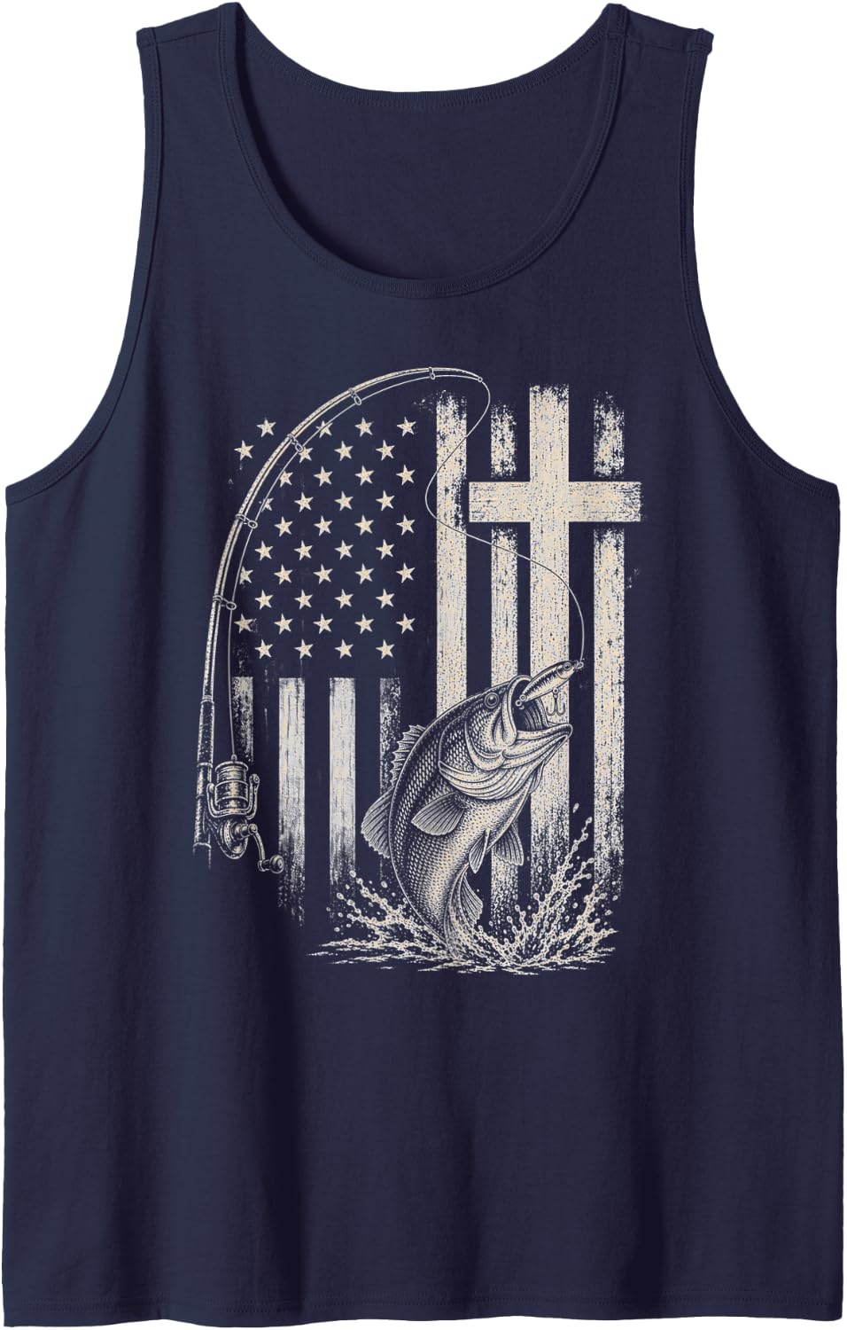 Bass Fishing American Flag Christian Cross Patriotic Sleeveless Tank Top - Navy Blue