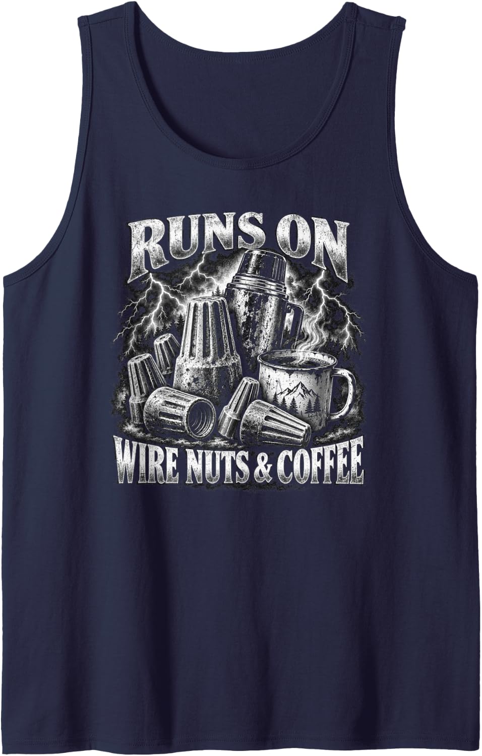 Runs On Wire Nuts and Coffee Electrician Lineman Design Sleeveless Tank Top - Navy Blue