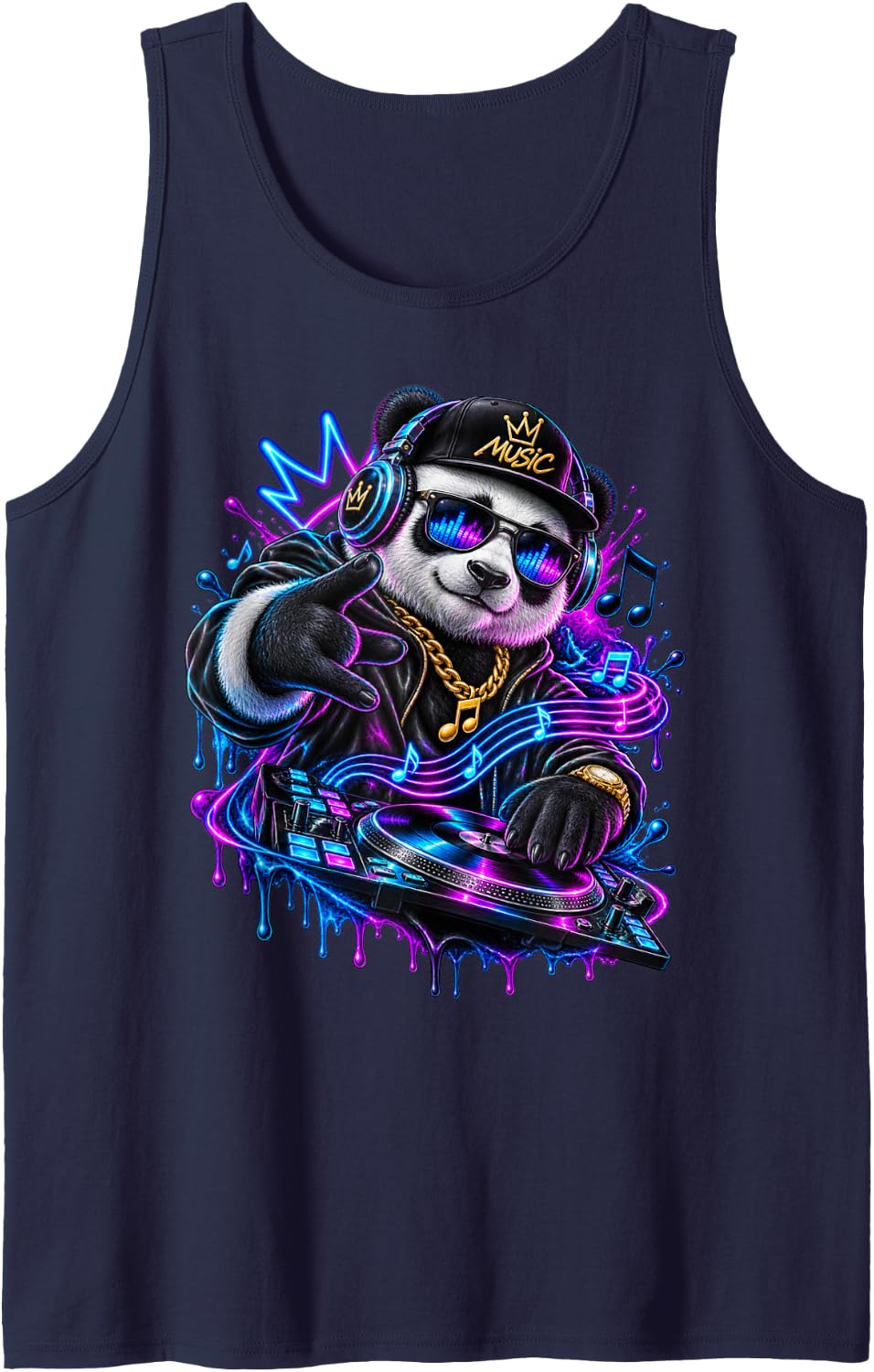 Panda DJ Techno Bass Musicians & Music Treble Clef Sleeveless Tank Top - Navy Blue