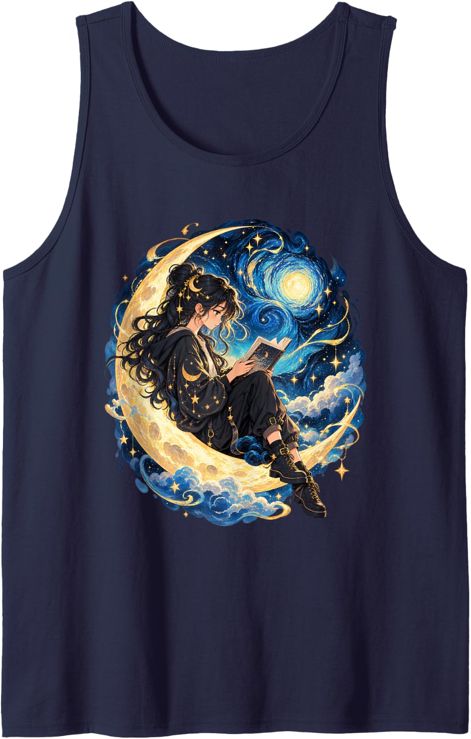 Anime Girl Reading Book Crescent Moon Starry Night Art Sleeveless Tank Top - Navy Blue