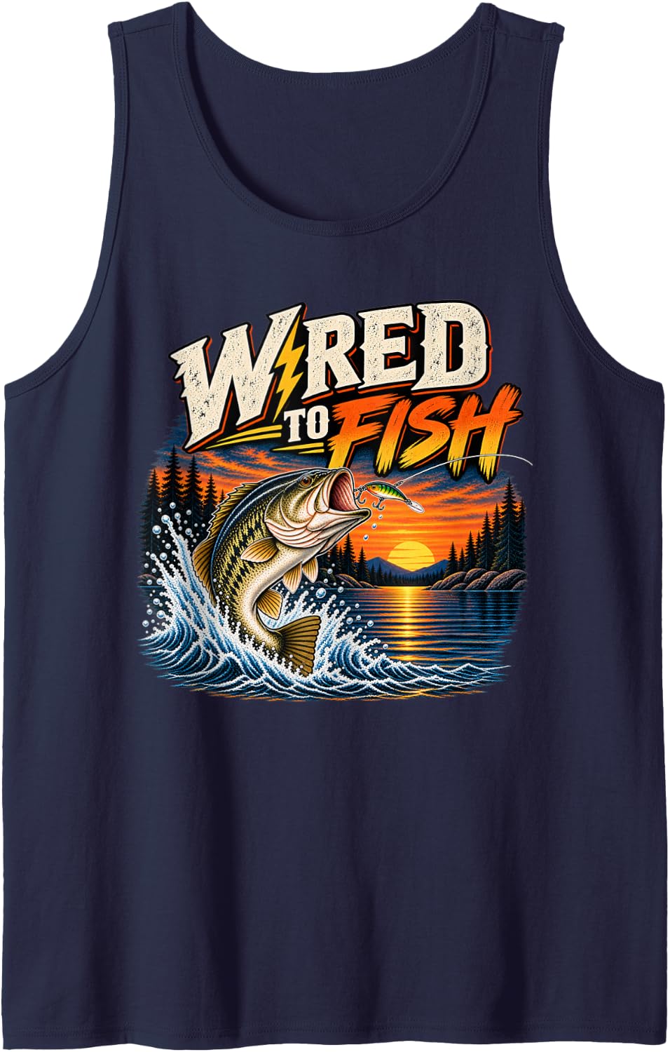 Wired to Fish Funny Electrician Bass Fishing Fisherman Sleeveless Tank Top - Navy Blue
