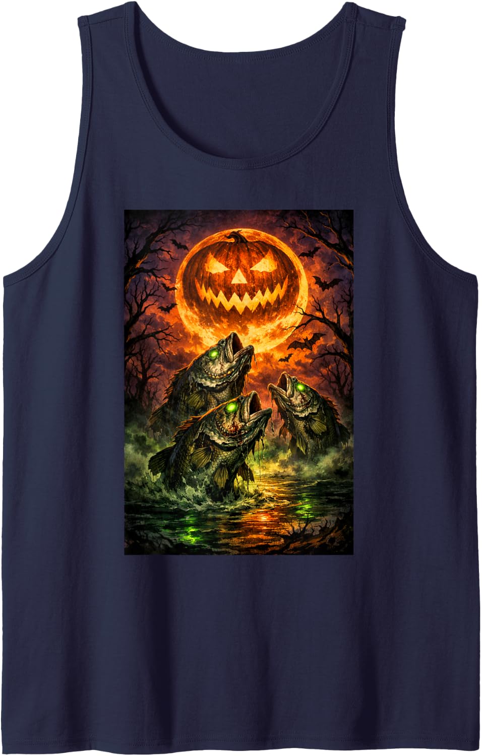 Halloween Bass Fish Howling at a Jack o Lantern Spooky Tank Top - Navy Blue