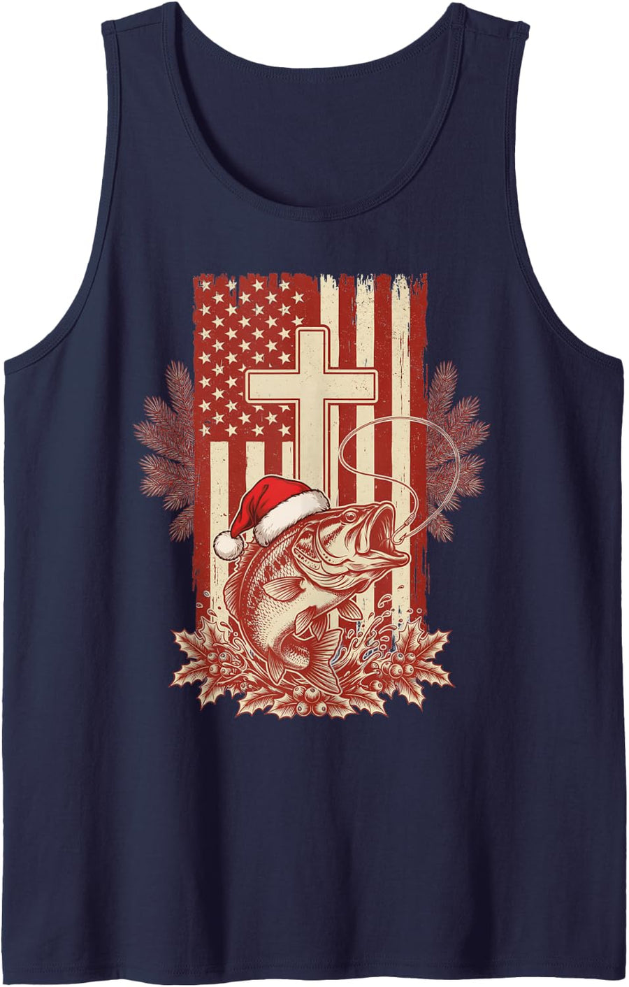 Christian Cross Santa Hat Bass Fishing Christmas Sleeveless Tank Top - Navy Blue