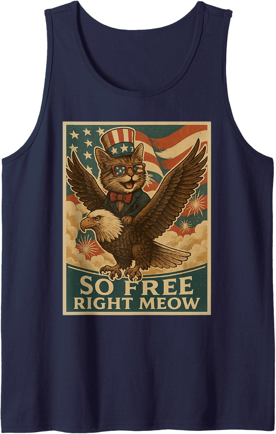 Funny Cats Fourth of July Sayings Shirts So Free Right Meow Tank Top - Navy Blue