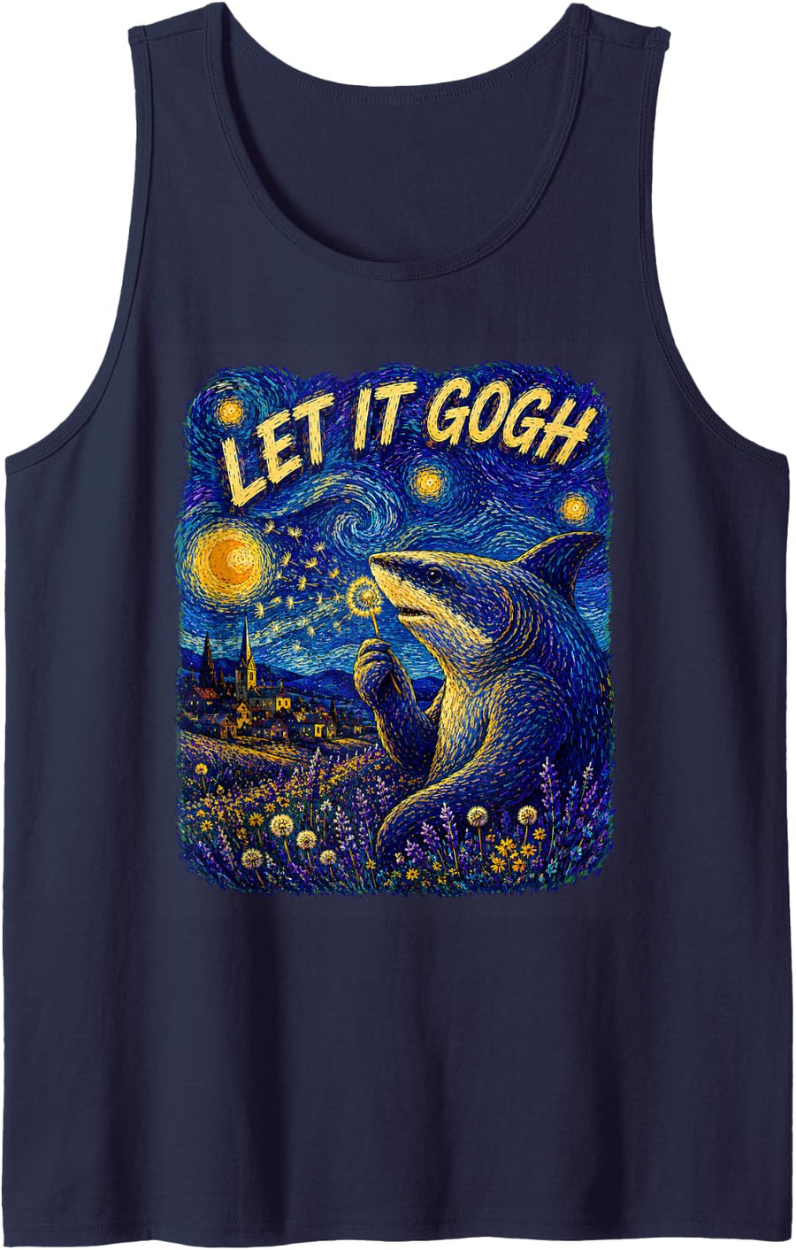 Let it Gogh Shark Blowing Dandelion Van Gogh Starry Night Tank Top - Navy Blue