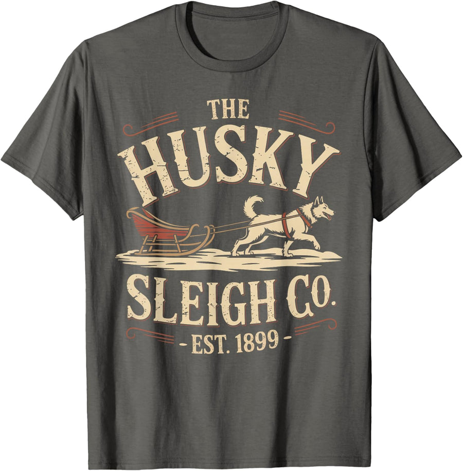 Retro Husky Sleigh Co Vintage Dog Christmas Tee T-Shirt for Dog Lovers - Asphalt Grey