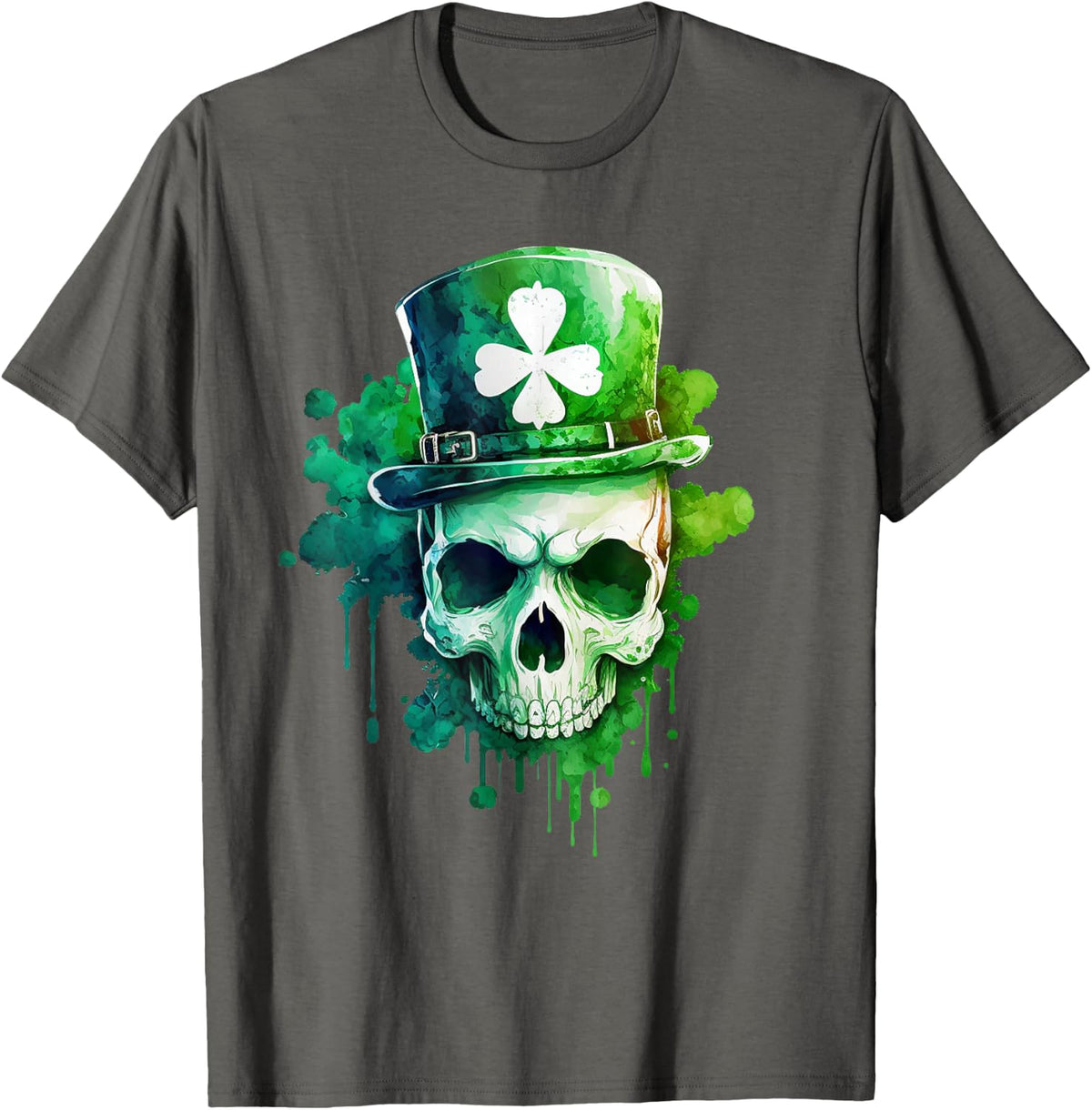 St Patricks Day Irish Clover Leprechaun Shamrock Skull T-Shirt - Asphalt Grey