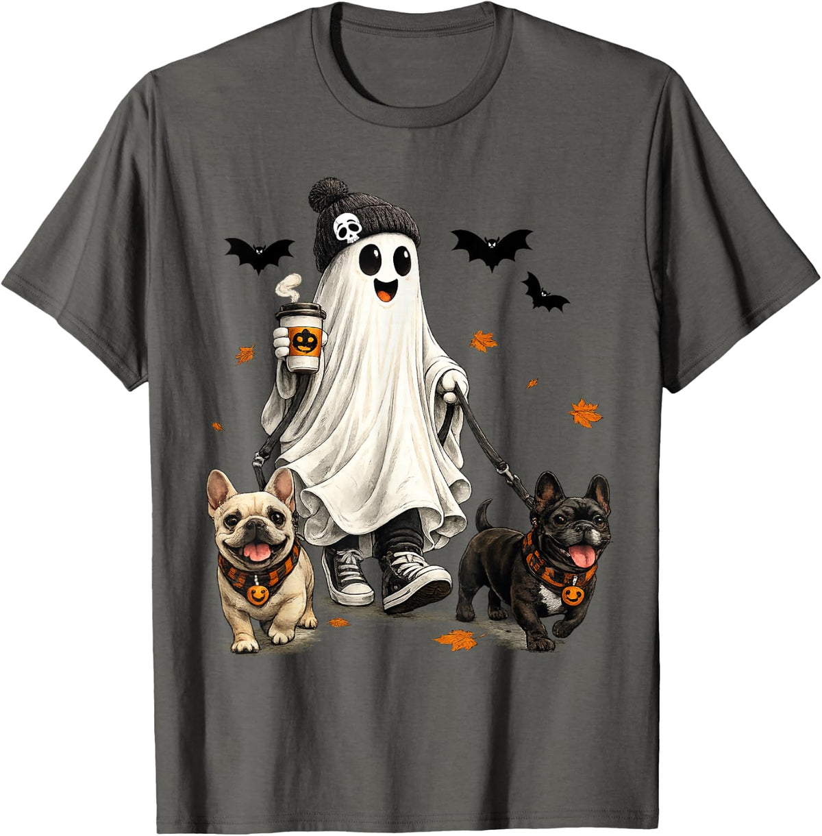 Ghost Walking French Bulldog Spooky Season Halloween Dog T-Shirt - Asphalt Grey