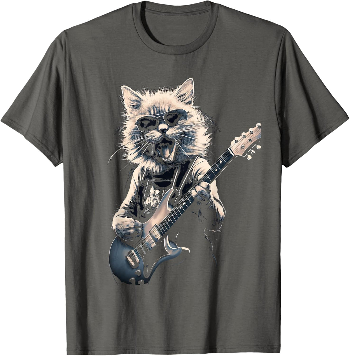 Cat Playing Bass Guitar Guitarist Rocker Cool T-Shirt - Asphalt Grey