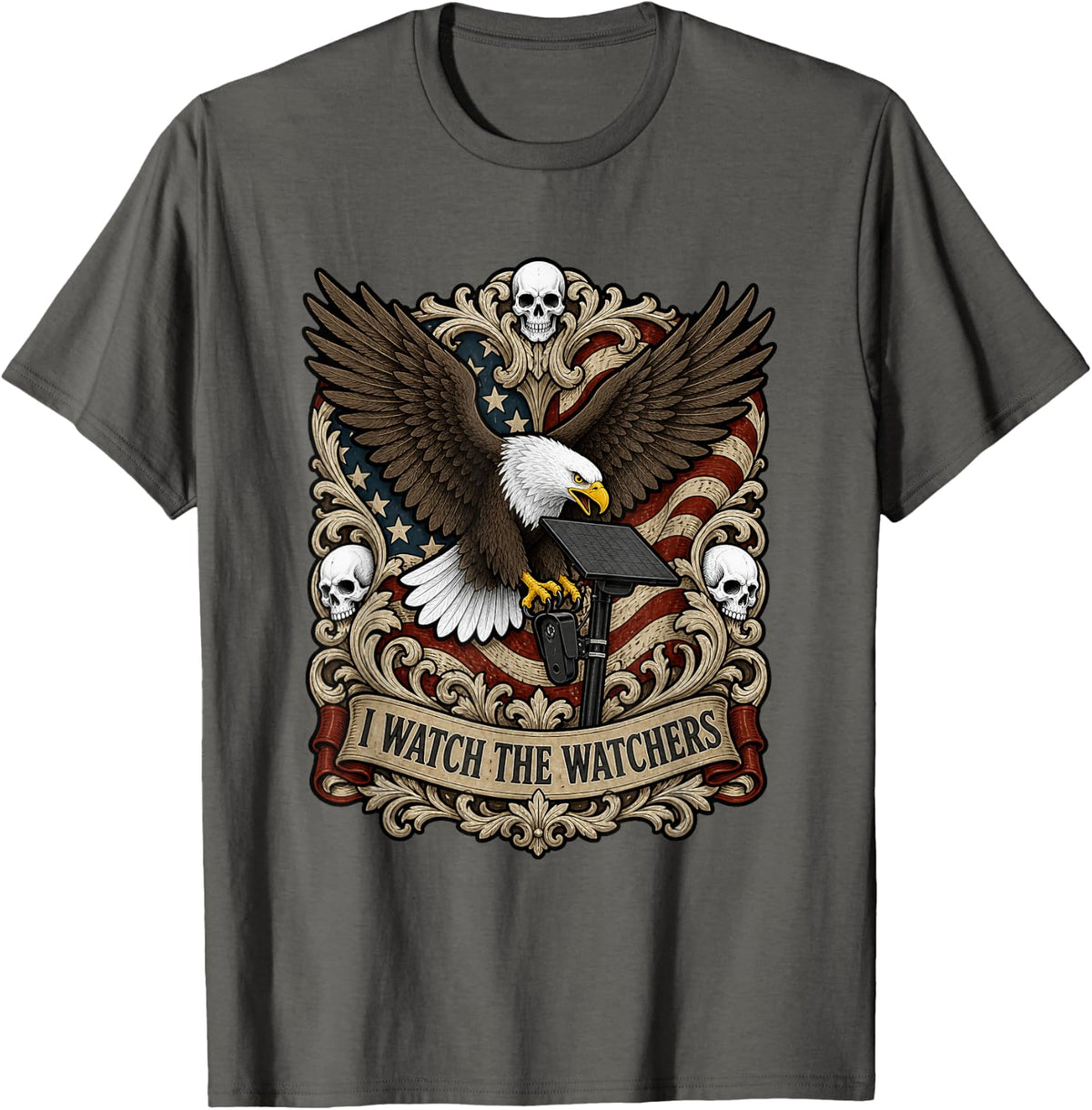 Bald Eagle and Camera American Flag Privacy Liberty Patriot T-Shirt - Asphalt Grey