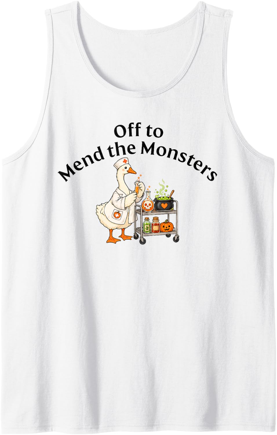 Off to Mend The Monsters Funny Halloween Nurse Goose Lover Sleeveless Tank Top - White