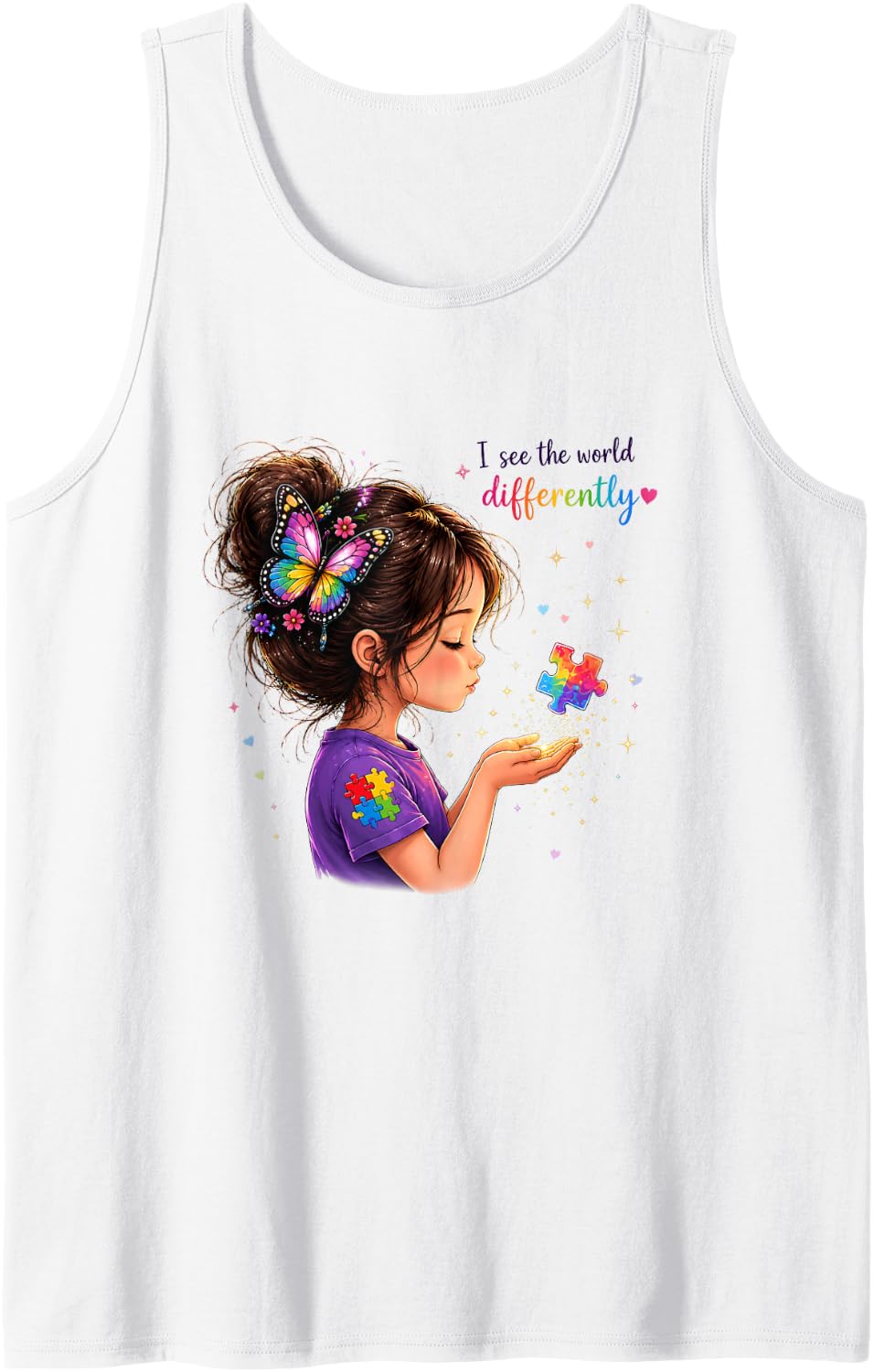 Autism Awareness Puzzle Ribbon Colorful Graphic Girls Kids Sleeveless Tank Top - White