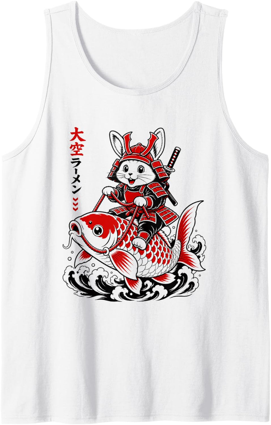 Samurai Bunny Riding Koi Anime Japanese Warrior Art Sleeveless Tank Top - White