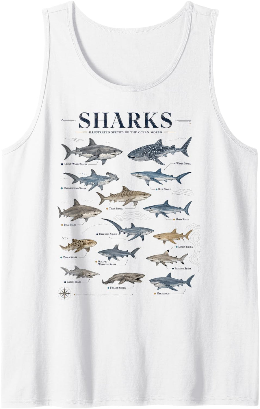 Types of Sharks Shark Species Ocean Wildlife Marine Biology Sleeveless Tank Top - White