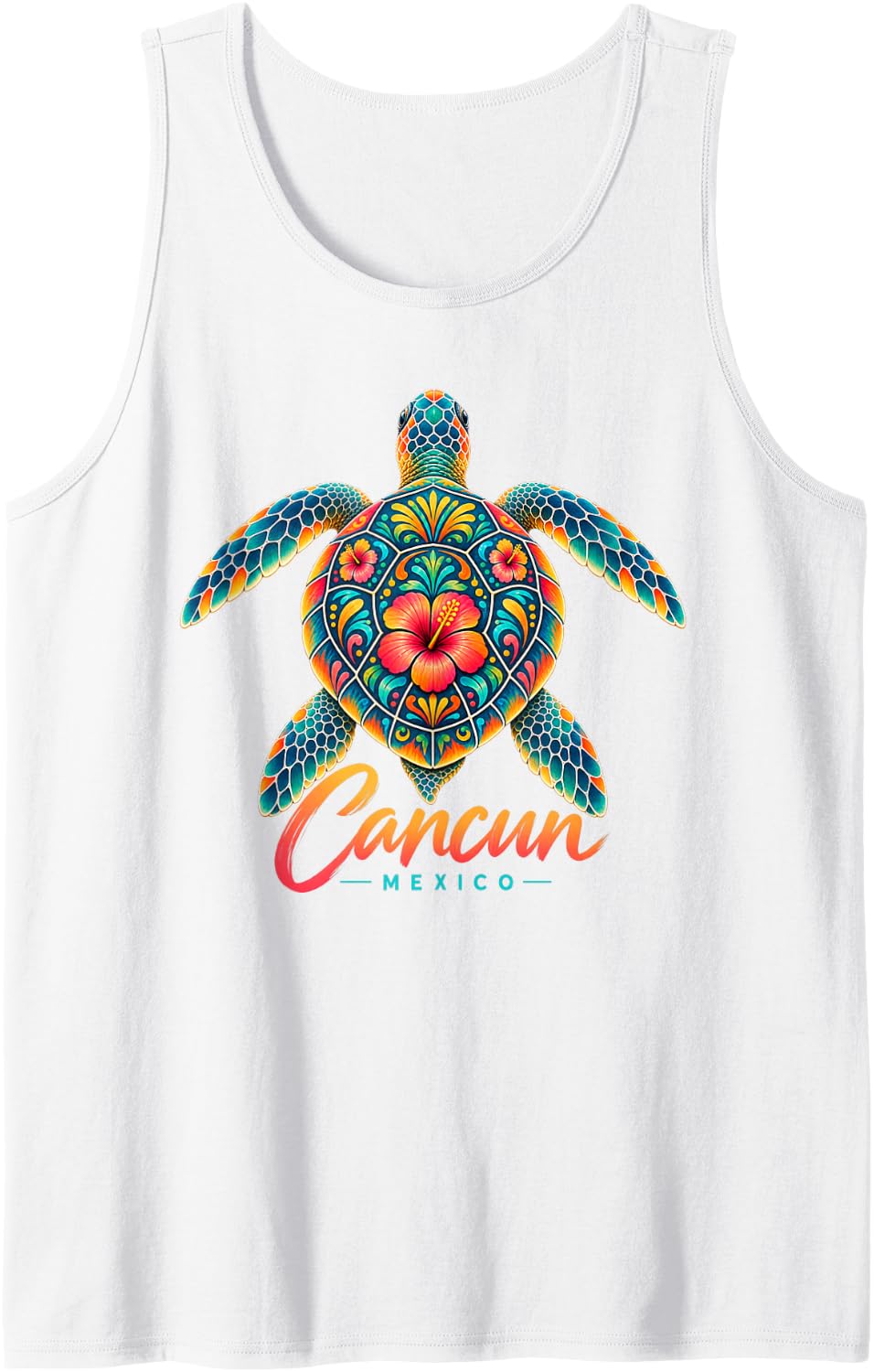 Cancun Mexico Vacation Sea Turtle Hibiscus Tropical Beach Sleeveless Tank Top - White