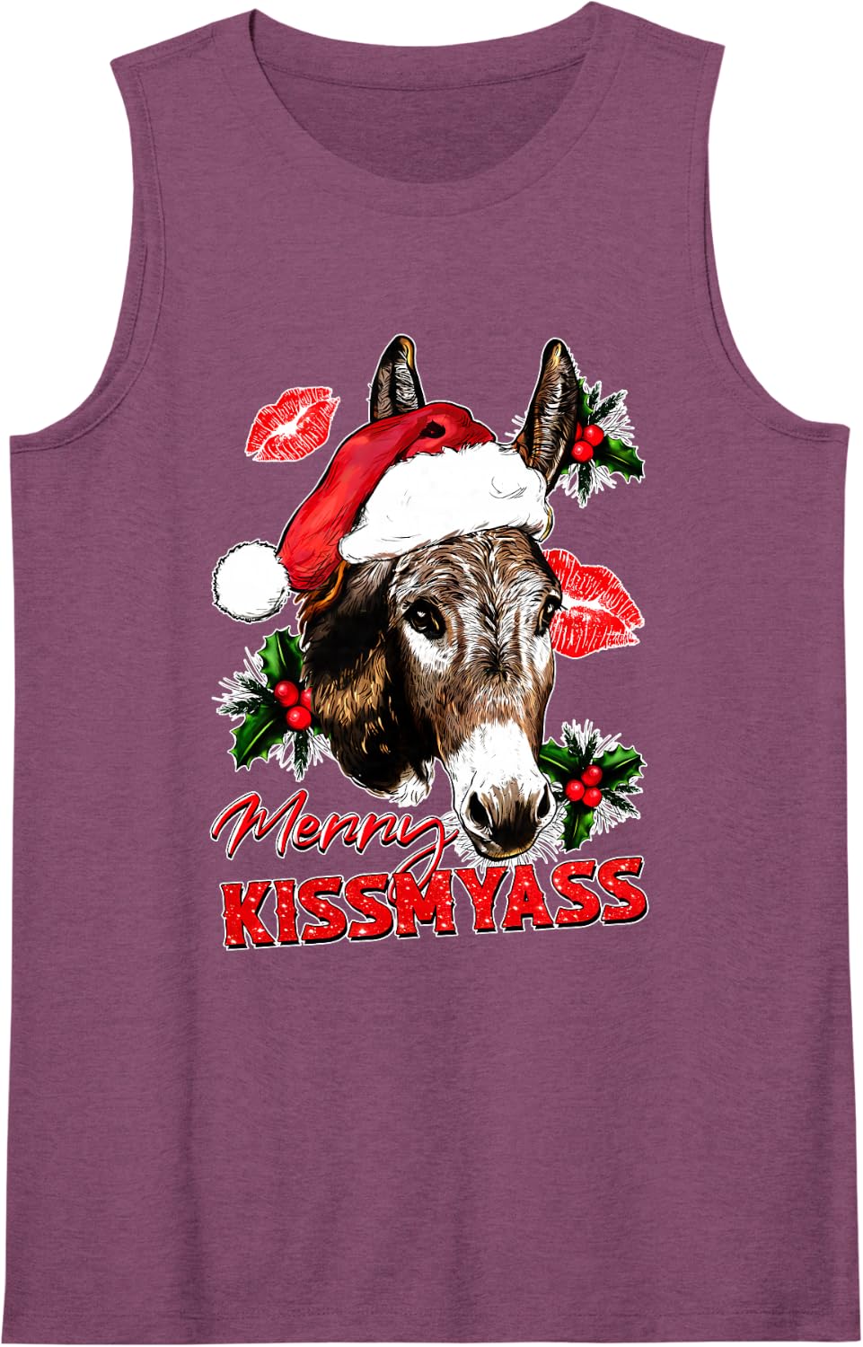 Merry KissMyAss Funny Donkey Lovers Sarcastic Christmas Sleeveless Tank Top - Purple