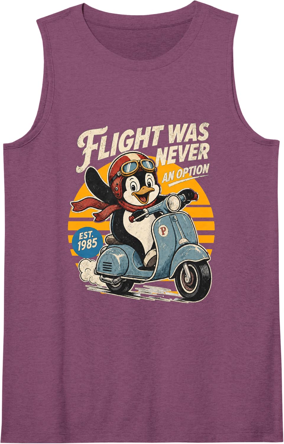 Funny Penguin On A Scooter Flight is Not an Option Humor Sleeveless Tank Top - Purple