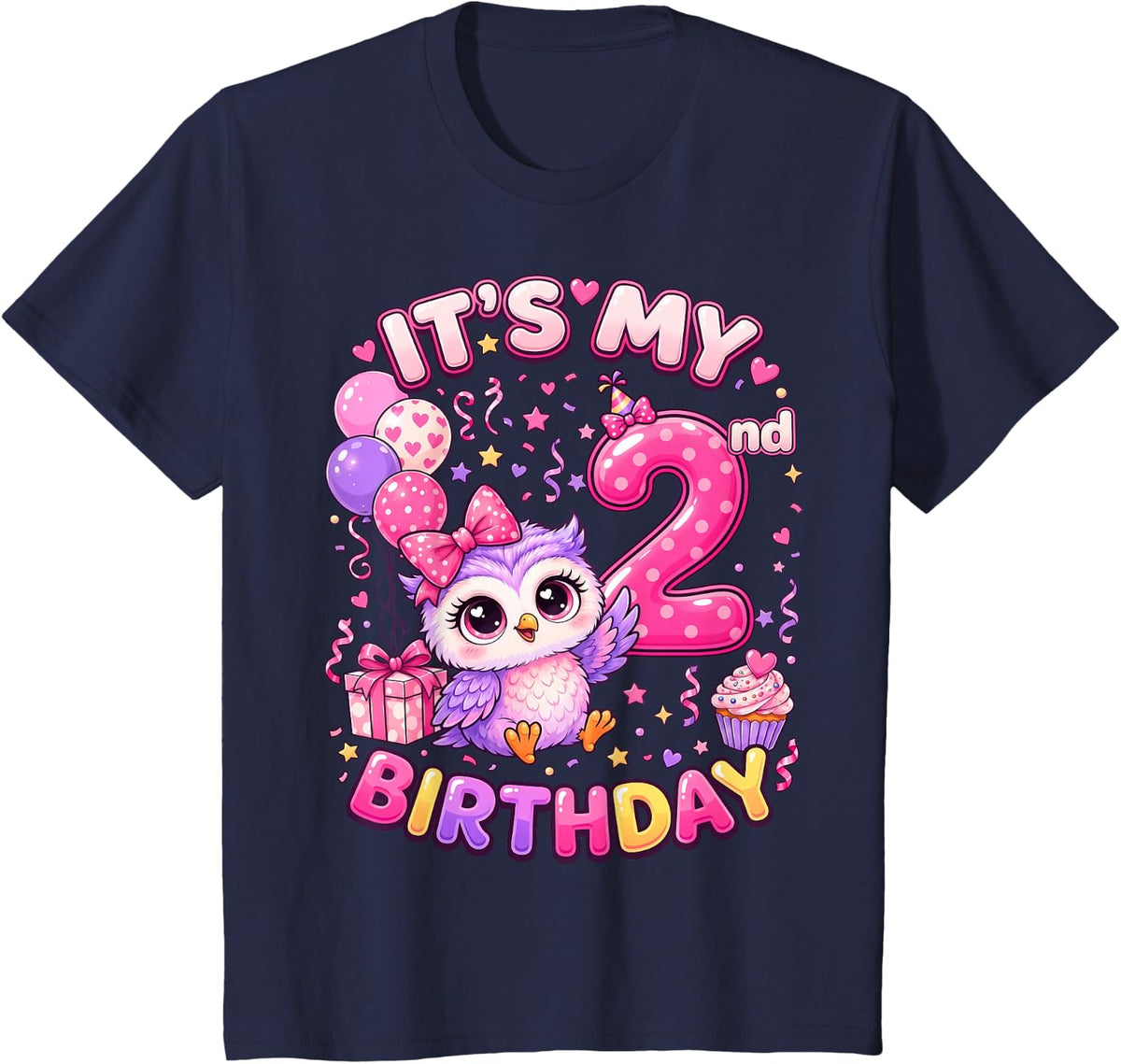 Owl It's My 2nd Birthday 2 Year Old Birthday Cute Owl Girl T-Shirt - Navy Blue