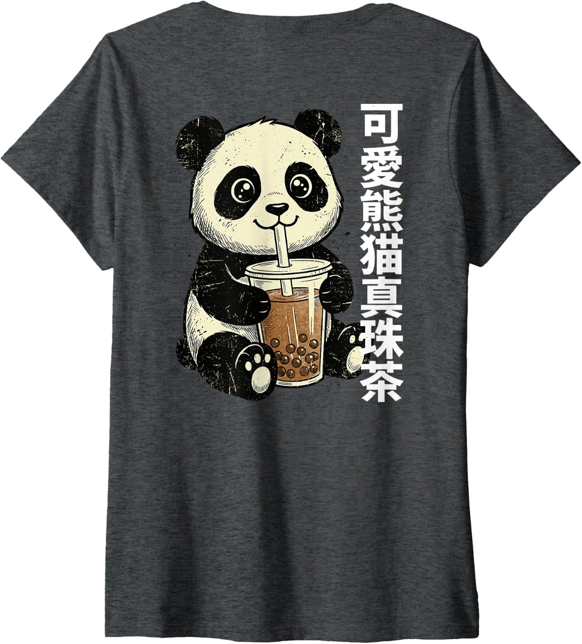 Women's Panda Bubble Tea Japanese (On Back) V-Neck T-Shirt - Dark Heather Grey