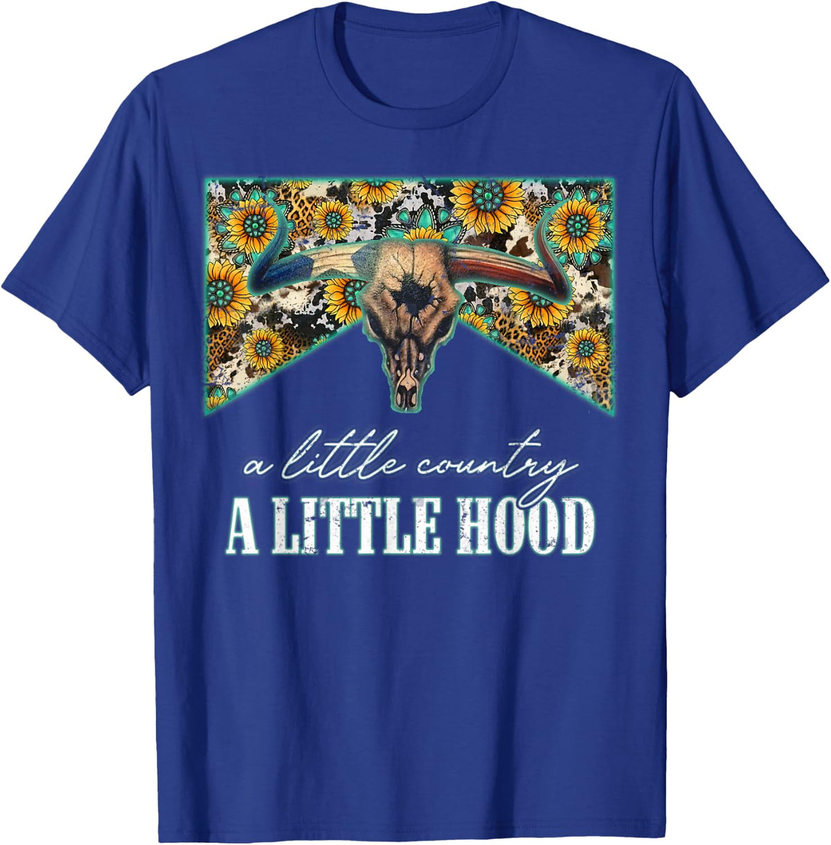 Leopard Sunflower Bull Skull A Little Country A Little Hood T-Shirt - Royal Blue
