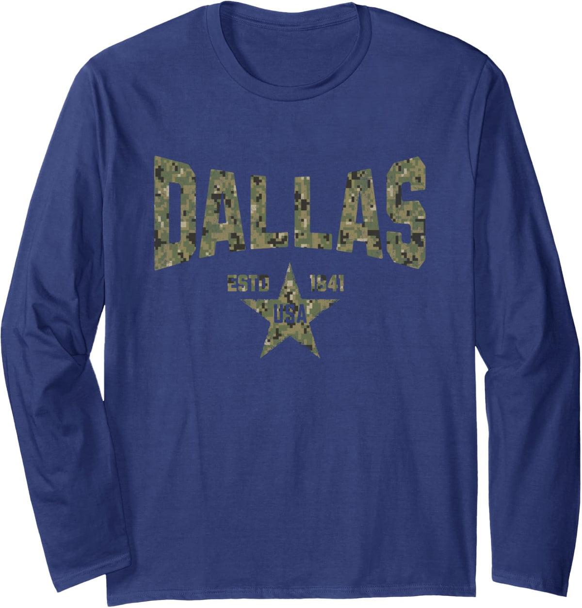 Camo Souvenir USA Star Dallas Texas Long Sleeve T-Shirt - Adult Unisex Navy Blue