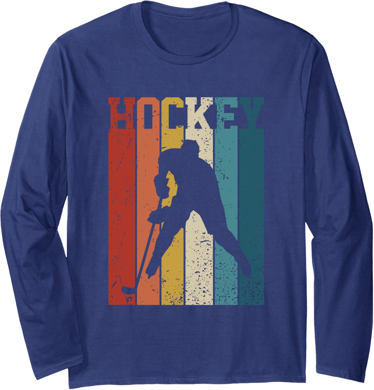 Vintage Retro Classic Hockey Player Long Sleeve T-Shirt - Adult Unisex Navy Blue