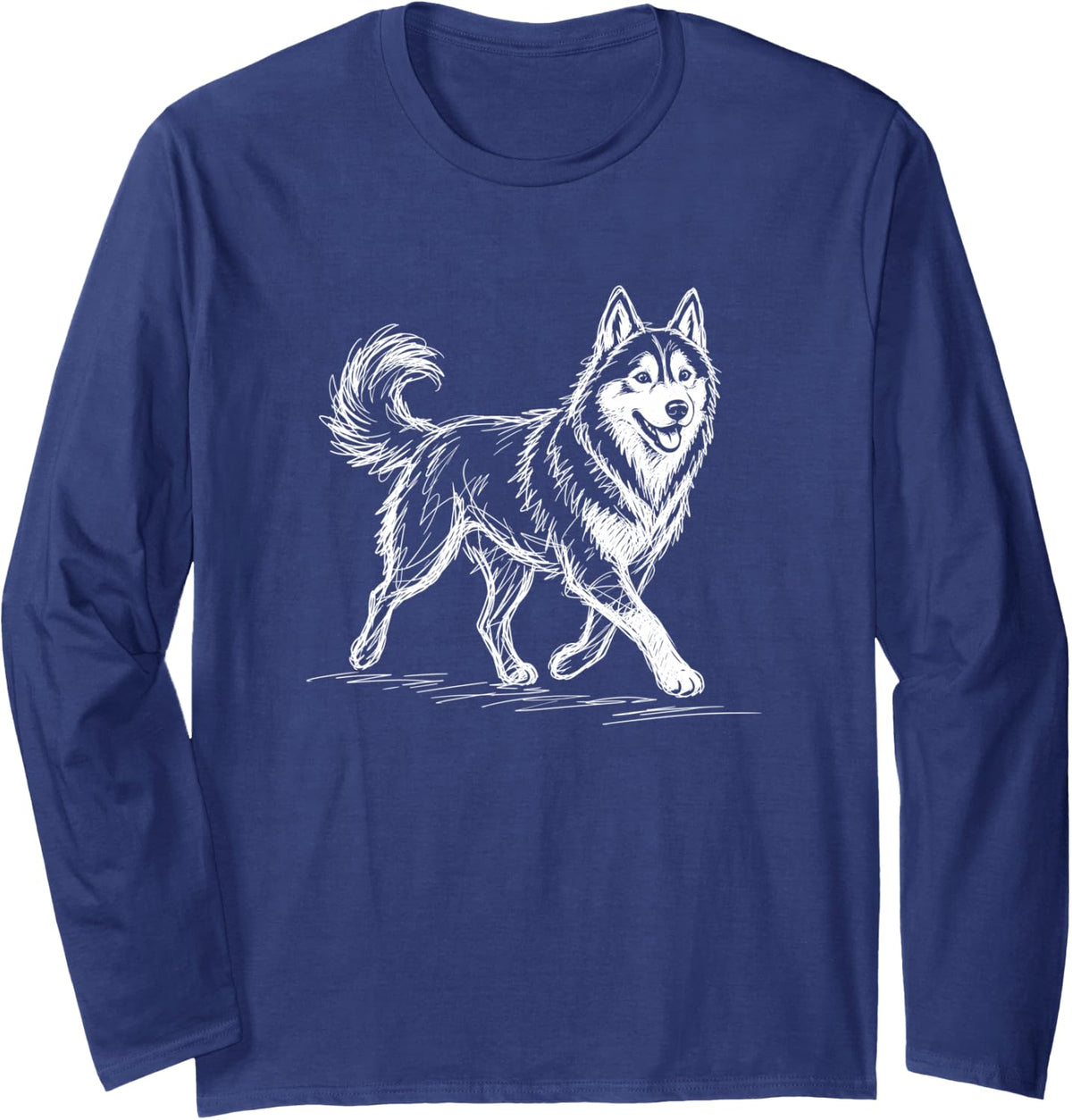 Siberian Husky Scribble Doodle Art Illustration Minimalist Long Sleeve T-Shirt - Adult Unisex Navy Blue