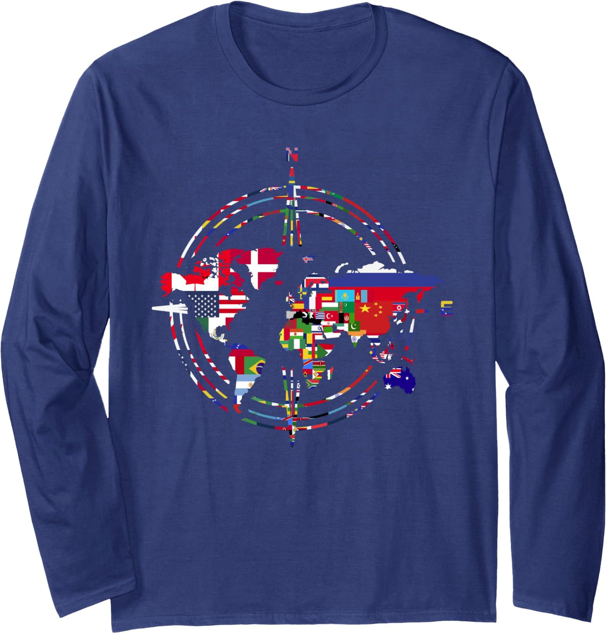 Traveler Country Flags Compass Globe Traveling World Map Long Sleeve T-Shirt - Adult Unisex Navy Blue