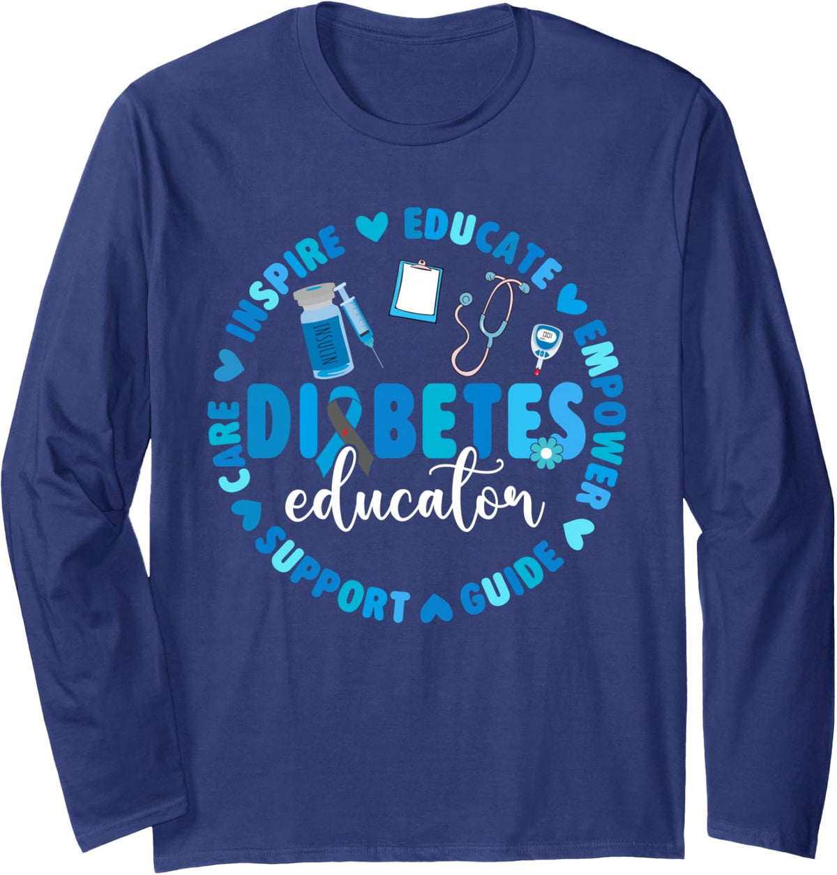 Diabetes Educator Support Diabetes Awareness Blue Ribbon Long Sleeve T-Shirt - Adult Unisex Navy Blue