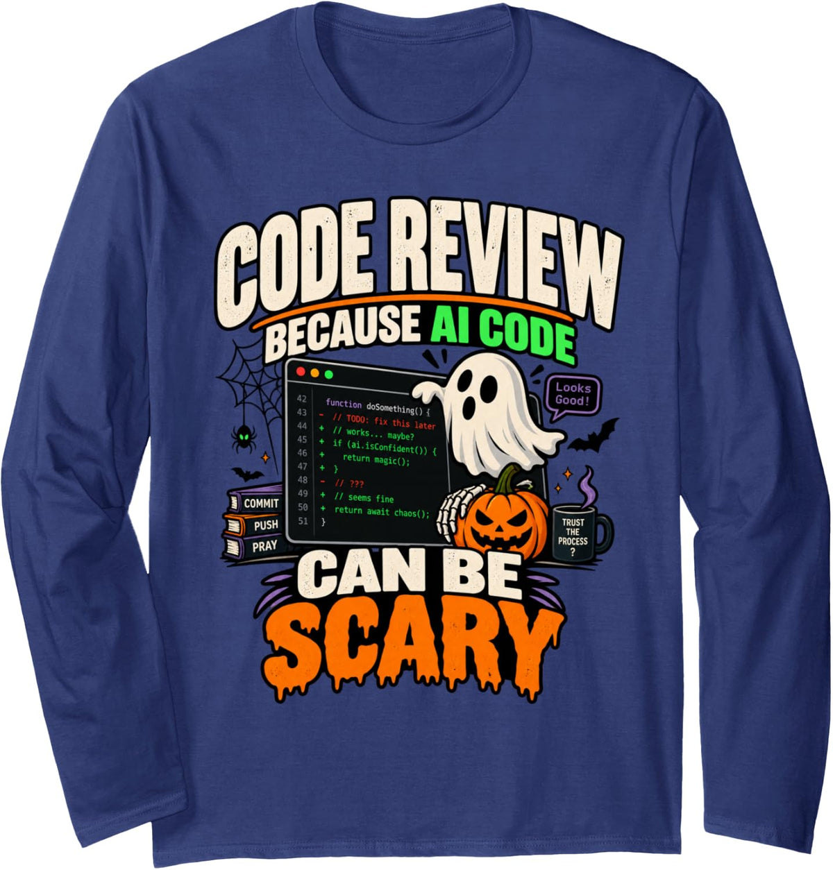 Funny Halloween Software Engineer AI Code Review Programmer Long Sleeve T-Shirt - Adult Unisex Navy Blue
