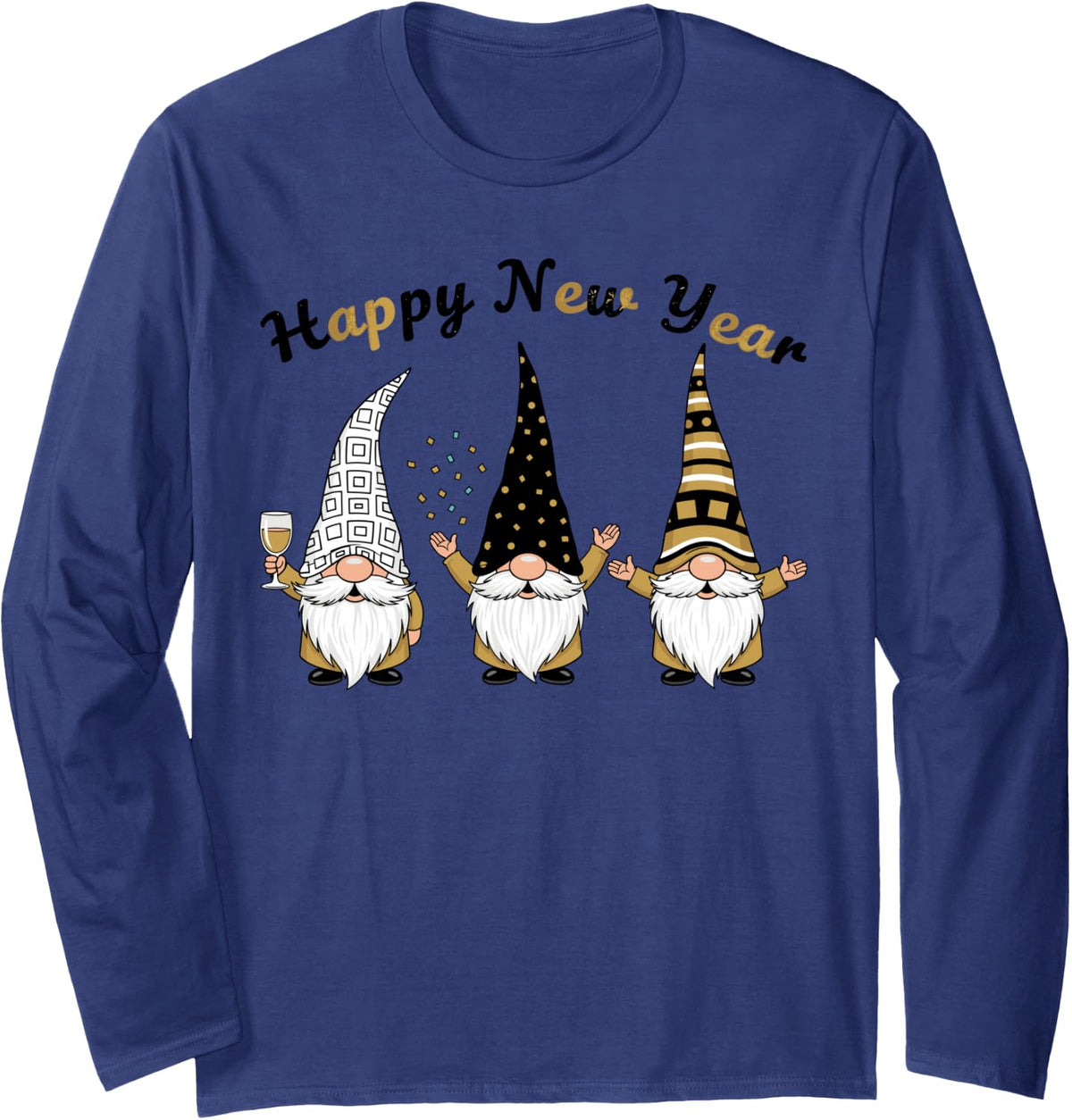 Funny NYE Gnome Shirts for Women, Happy New Year 2026 Party Long Sleeve T-Shirt - Adult Unisex Navy Blue