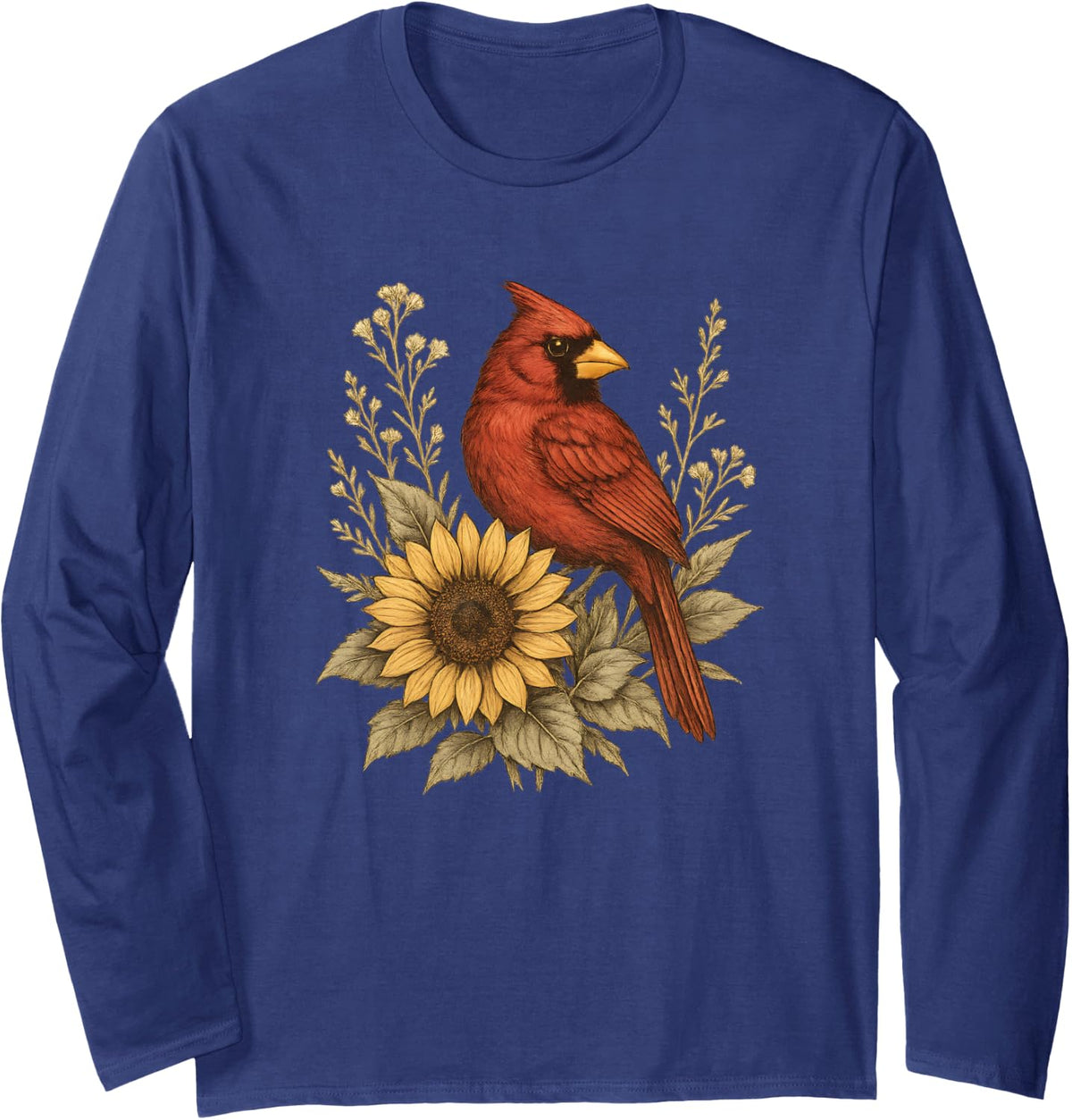 Red Cardinal Sunflower Vintage Nature Lover Birdwatching Long Sleeve T-Shirt - Adult Unisex Navy Blue
