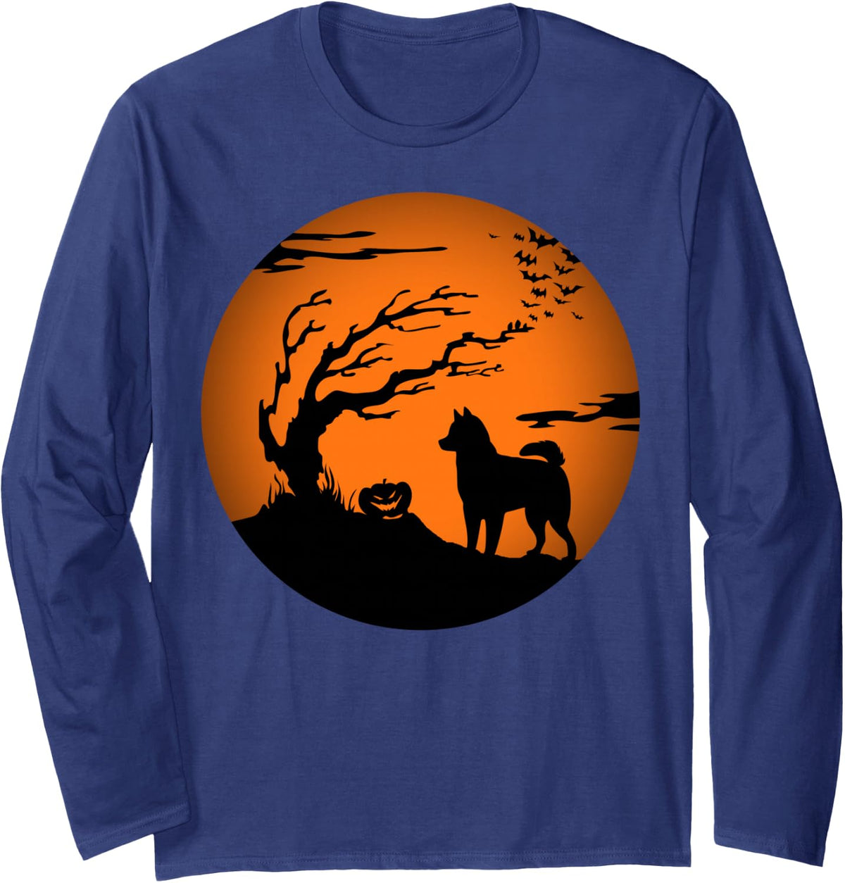 Husky Halloween Long Sleeve T-Shirt - Adult Unisex Navy Blue