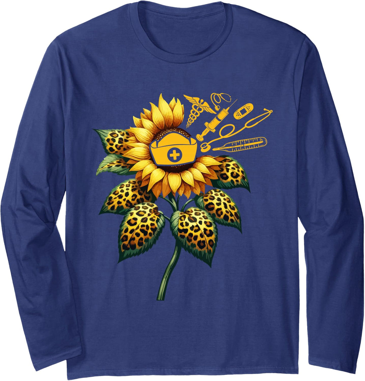 Leopard Sunflower Costume Nurse Job Matching Team Lover Long Sleeve T-Shirt - Adult Unisex Navy Blue