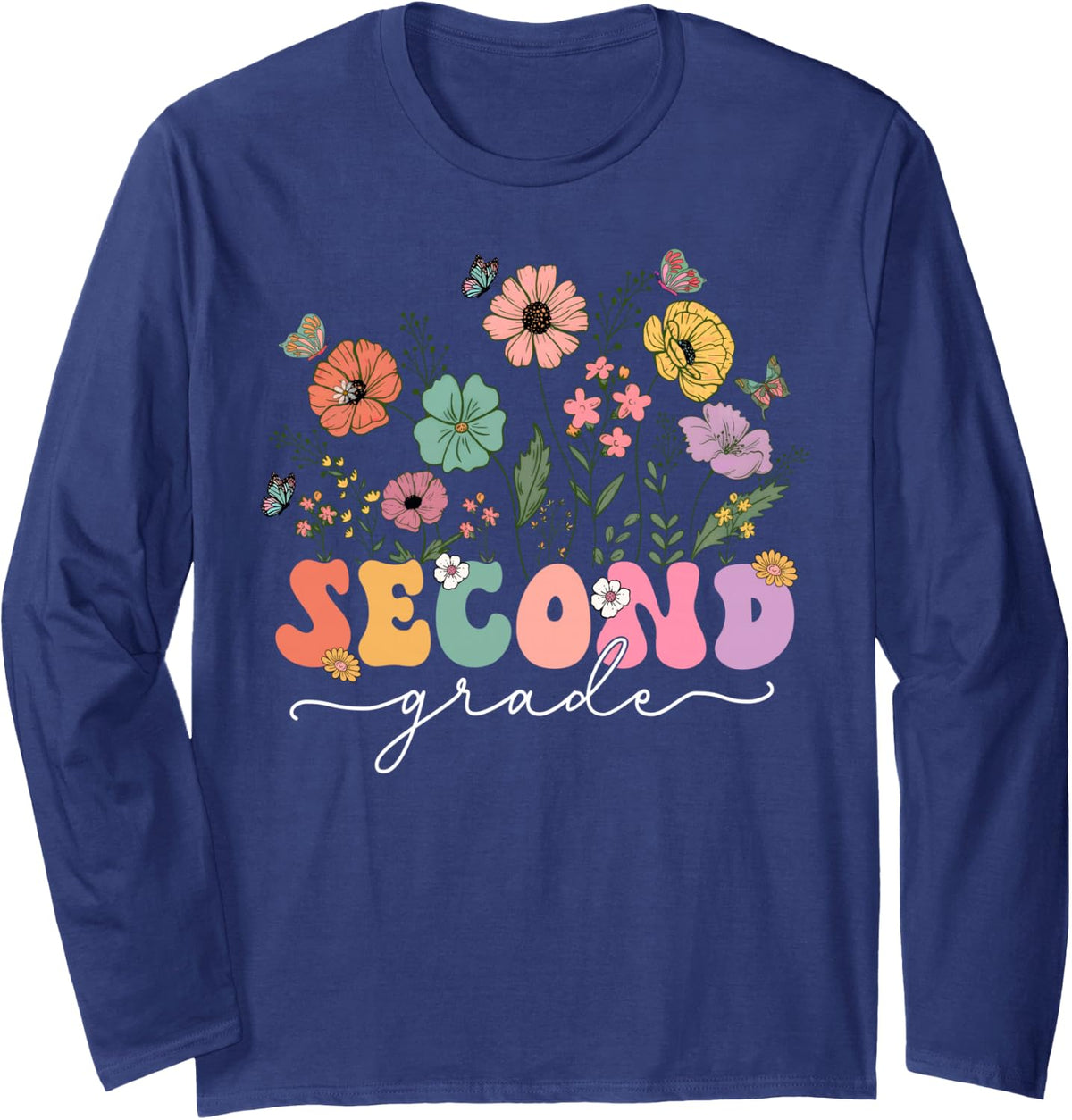 2nd Second Grade Teacher Wildflower Back to School Floral Long Sleeve T-Shirt - Adult Unisex Navy Blue
