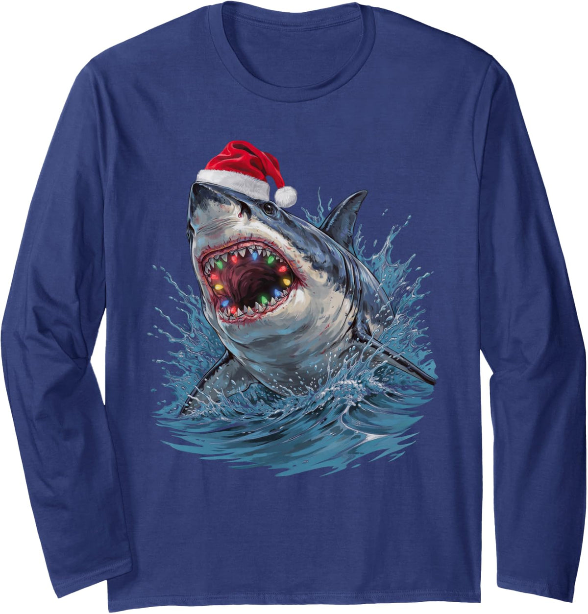 Santa Hat Shark Christmas Lights Teeth Funny Shark Christmas Long Sleeve T-Shirt - Adult Unisex Navy Blue