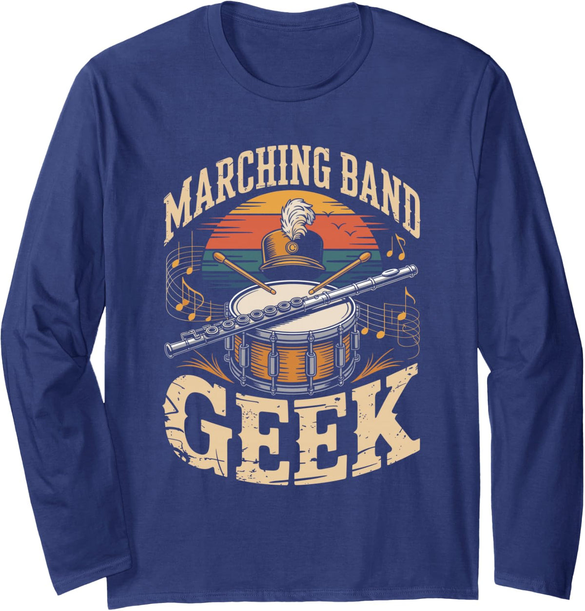 Marching Band Geek Flute Flutist Long Sleeve T-Shirt - Adult Unisex Navy Blue