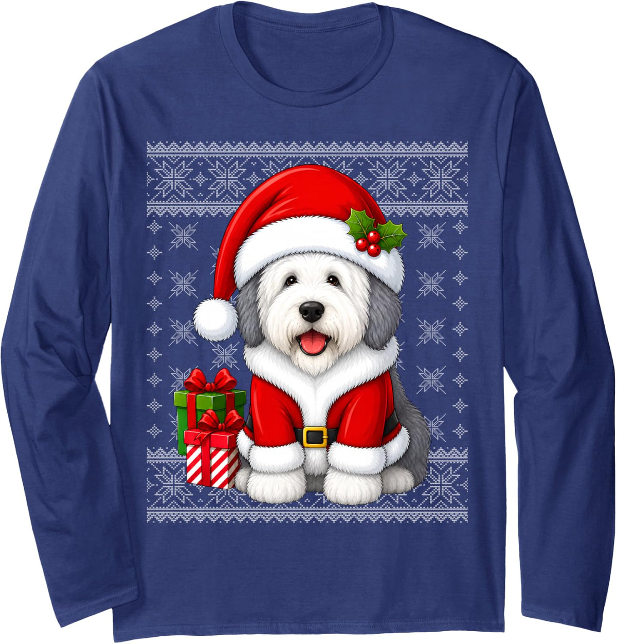 English Sheepdog Christmas Santa Costume Ugly Sweaters Xmas Long Sleeve T-Shirt - Adult Unisex Navy Blue