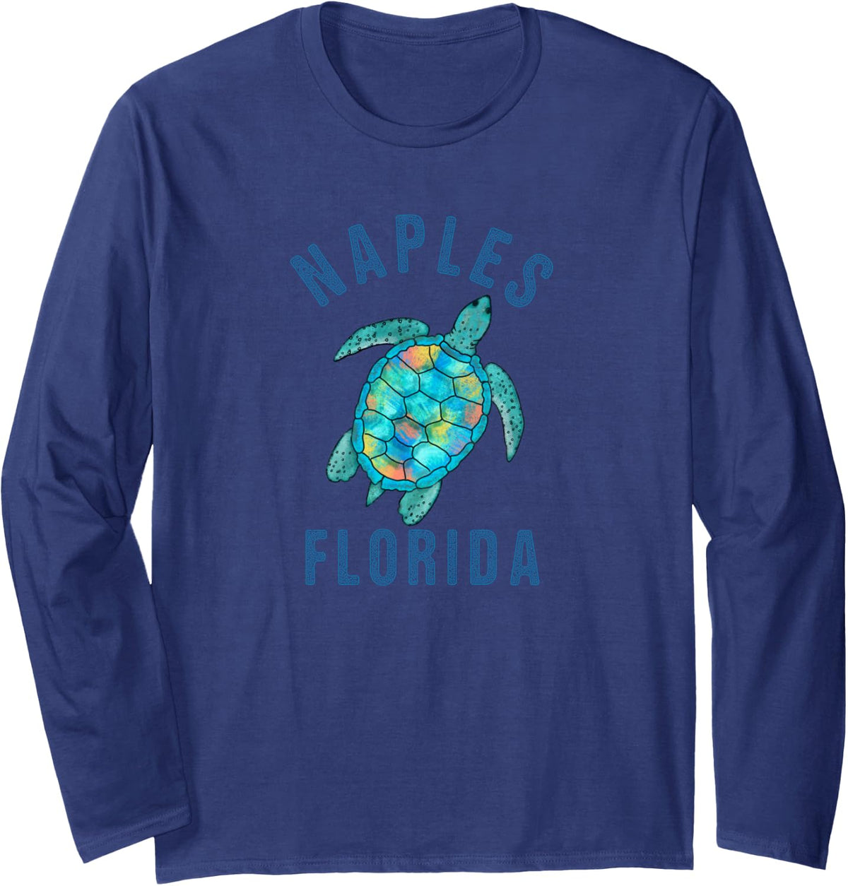 Naples, FL Beach Design / Sea Turtle Illustration Gift Long Sleeve T-Shirt - Adult Unisex Navy Blue