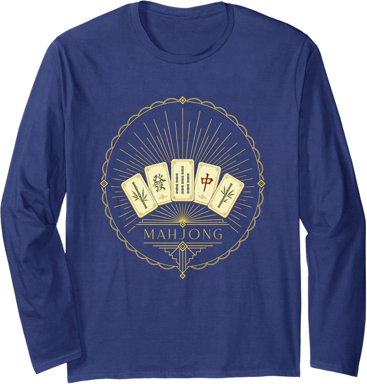 Mahjong Art Deco Fan Burst Long Sleeve T-Shirt - Adult Unisex Navy Blue
