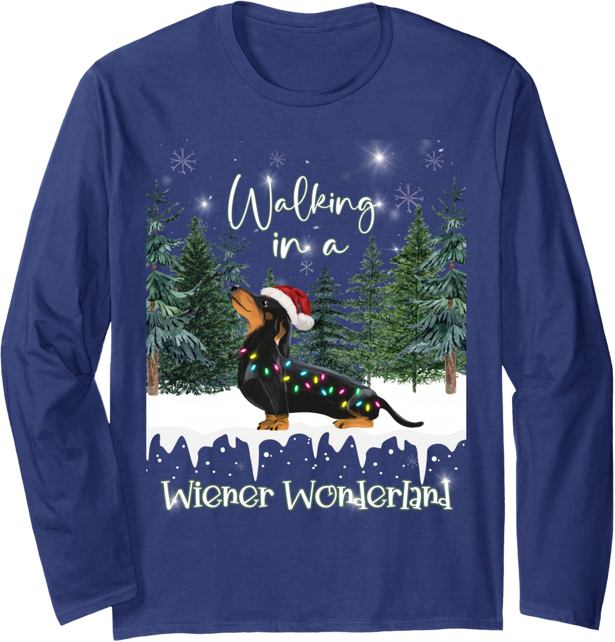Walking in A Wiener Wonderland Dachshund Long Sleeve T-Shirt - Adult Unisex Navy Blue