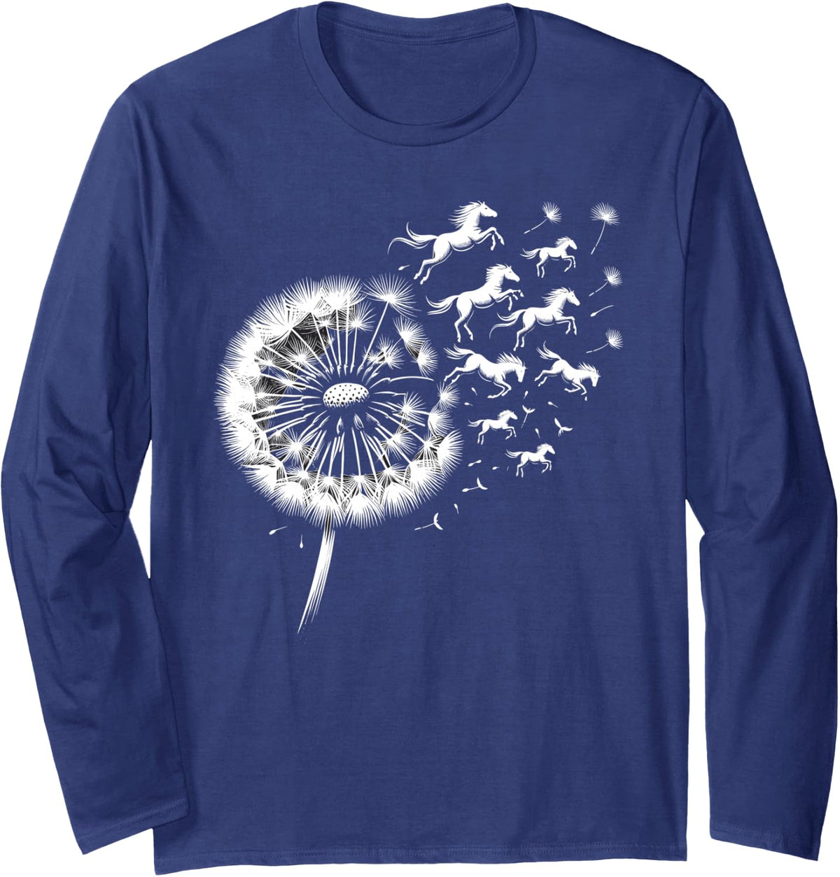 Horses Dandelion Flowers Equestrian Horse Lover Long Sleeve T-Shirt - Adult Unisex Navy Blue